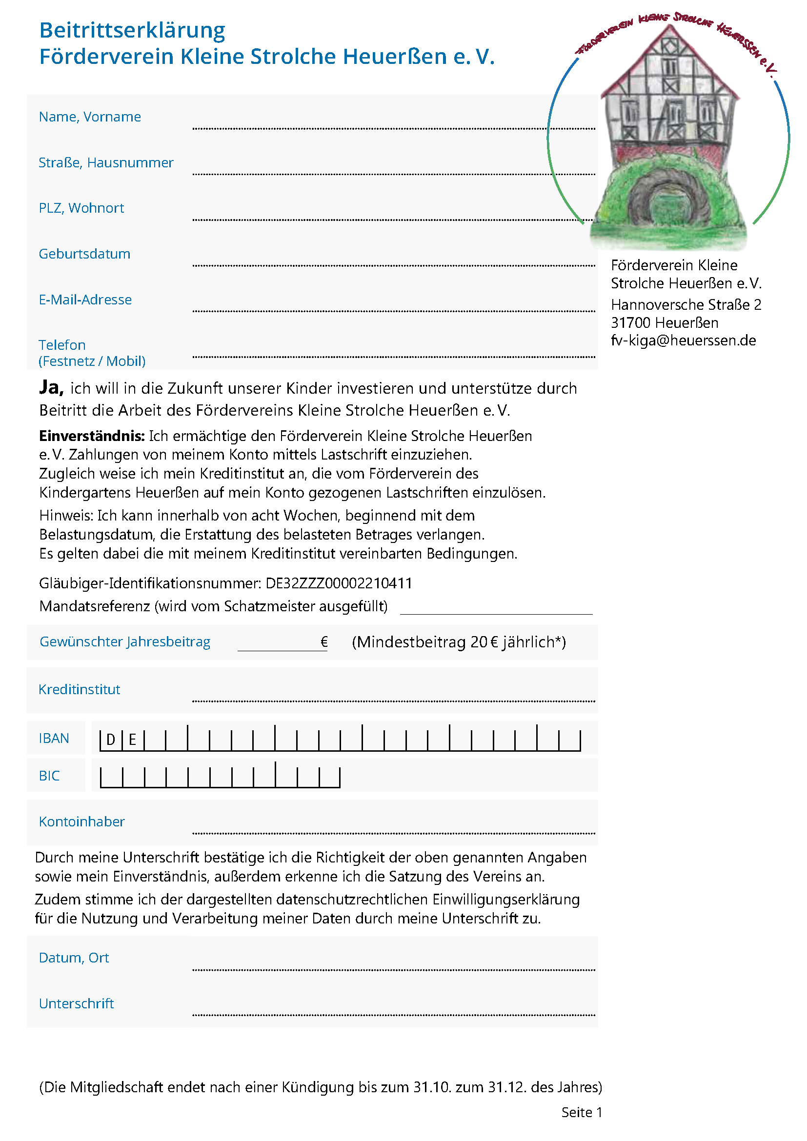 Beitrittserklärung Förderverein Kleine Strolche Heuerßen e.V.